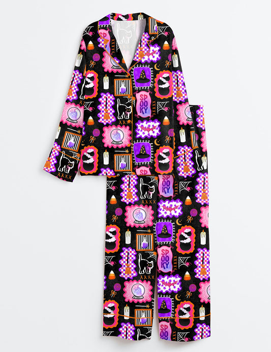 Women’s Trendy Halloween Colorful Spooky Patchwork Witch Themed Neon Halloween Print Long Sleeve Satin Pajama Set