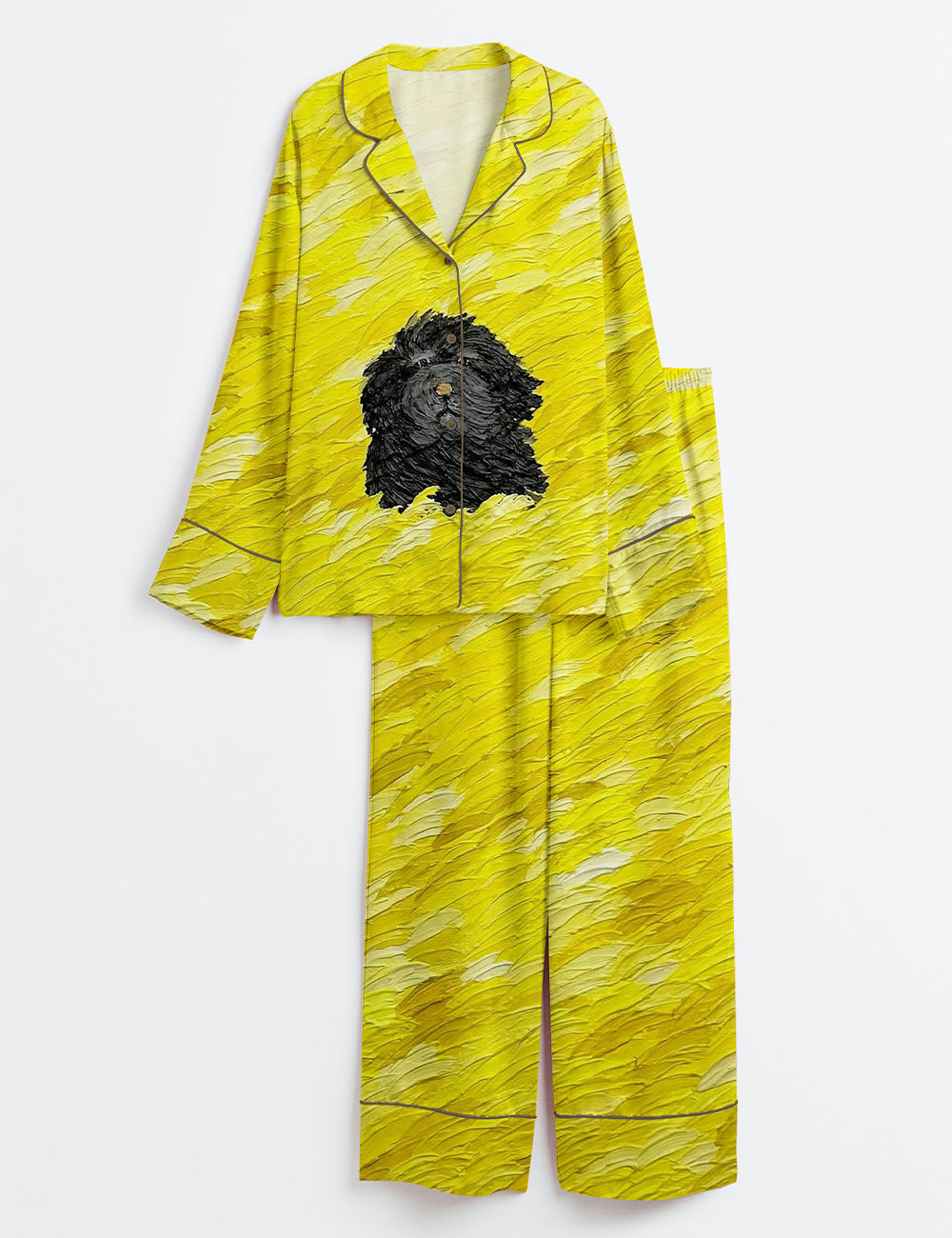 Women’s A Black Dog In A Yellow Field Long Sleeve Satin Pajama Set