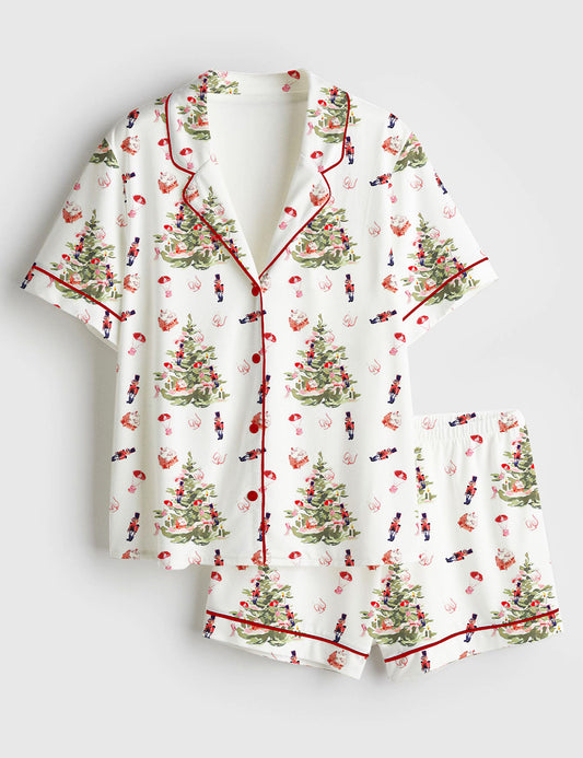 Women’s Nutcracker Toy Tree Christmas Holiday Short Sleeve Satin Pajama Set