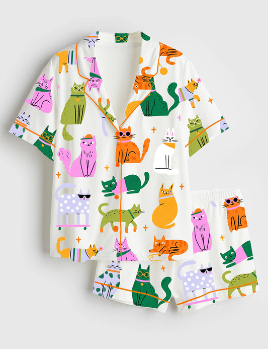 Women’s Colorful Cat Art Print Short Sleeve Satin Pajama Set