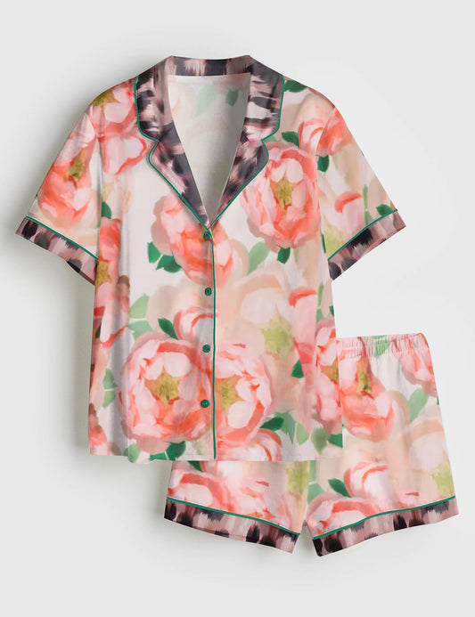 Women’s Floral Leopard Short Sleeve Satin Pajama Set