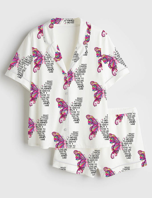 Women’s Breast Cancer Awareness Cancer Hope Pink Ribbon Pink Butterfly Print Short Sleeve Satin Pajama Set