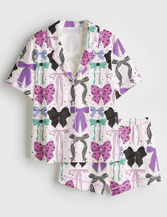 Women’s Halloween Purple Bows Black Cat Coquette Girly Purple And Teal Print Short Sleeve Satin Pajama Set