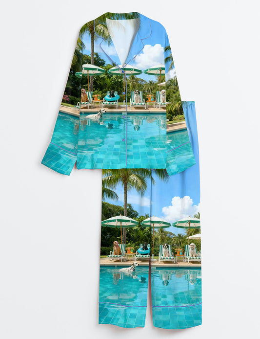 Women’s Retro Poolside Dogs Luxury Beach House Holiday Travel Long Sleeve Satin Pajama Set