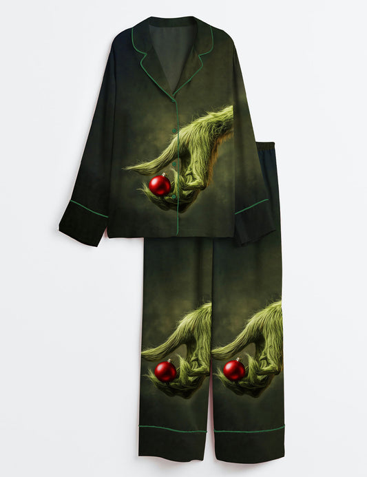 Women’s The Grinch Holding An Ornament Christmas Long Sleeve Satin Pajama Set