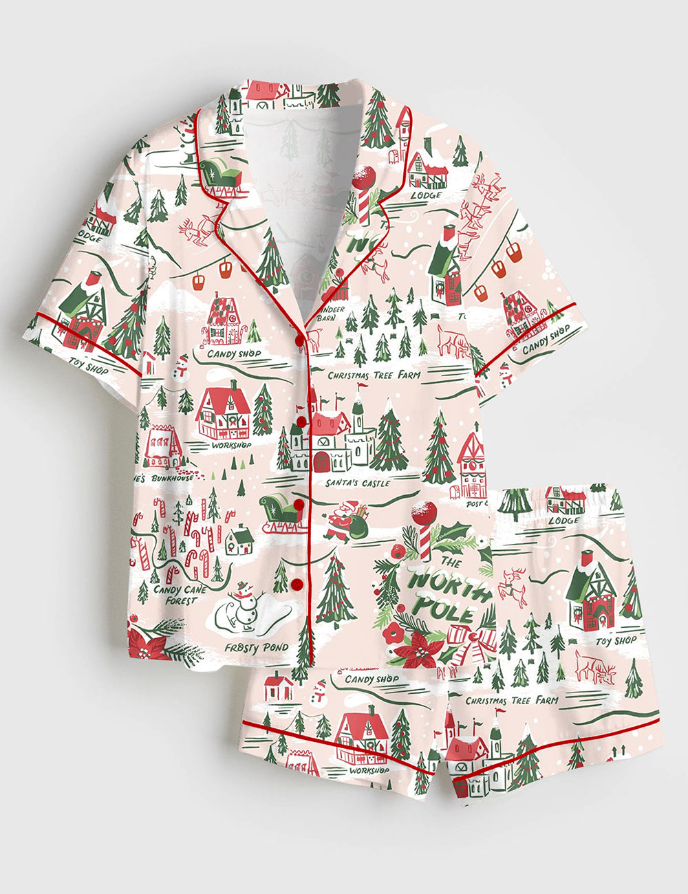 Women’s North Pole Village Map Christmas Retro Holiday Short Sleeve Satin Pajama Set