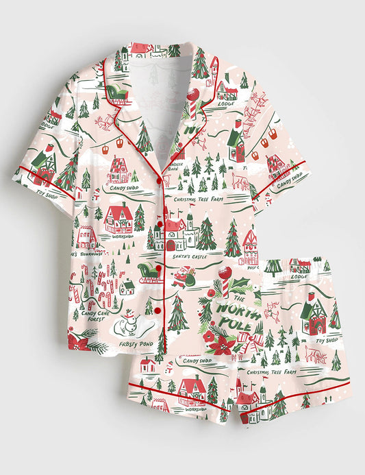 Women’s North Pole Village Map Christmas Retro Holiday Short Sleeve Satin Pajama Set