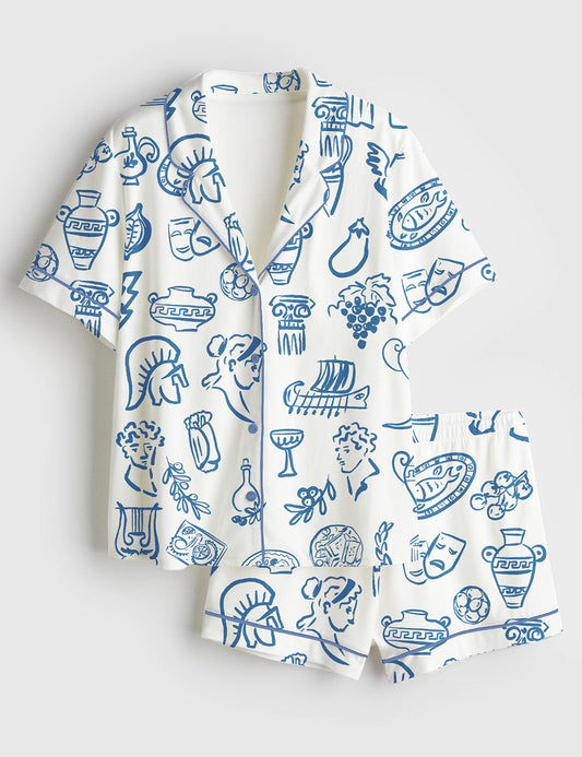Women’s Hand Drawn Greek Food Greece Bundle Of Food Greek Wedding Short Sleeve Satin Pajama Set