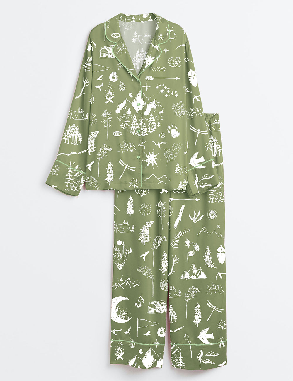 Women’s Enchanted Forest Mountain Outdoors Adventure Camping Woodland Tree Mushroom Moon Long Sleeve Satin Pajama Set