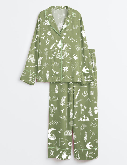Women’s Enchanted Forest Mountain Outdoors Adventure Camping Woodland Tree Mushroom Moon Long Sleeve Satin Pajama Set