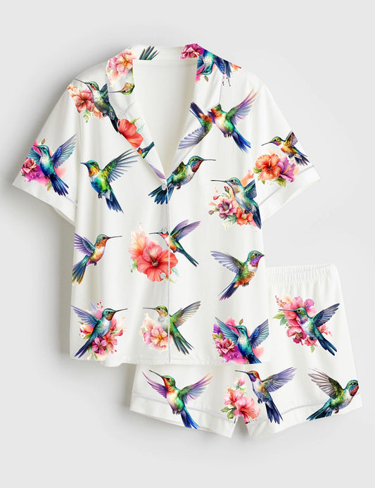 Women’s Watercolor Hummingbirds Short Sleeve Satin Pajama Set