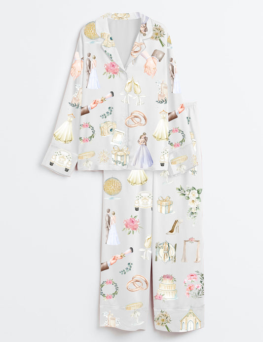 Women’s Wedding Timeline Watercolor Wedding Bride Groom Floral Elements Summer Marriage Print Long Sleeve Satin Pajama Set