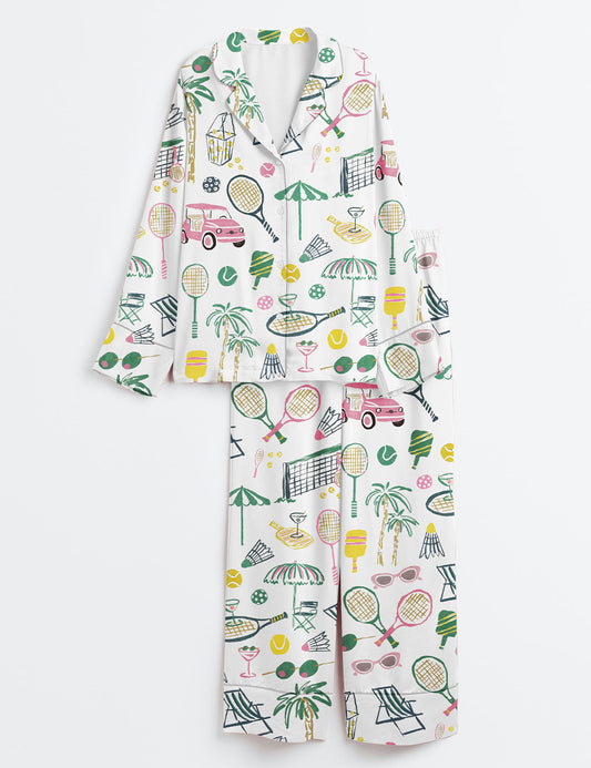 Women’s Hand Drawn Watercolor Tennis Bachelorette Party Country Club Tennis Pickleball Aesthetic Print Long Sleeve Satin Pajama Set