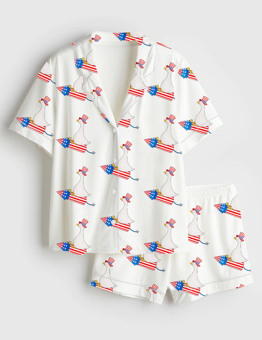 Women’s Funny 4th Of July Funny Goose Independence Day  USA Patriotic Firequacker Print Short Sleeve Satin Pajama Set