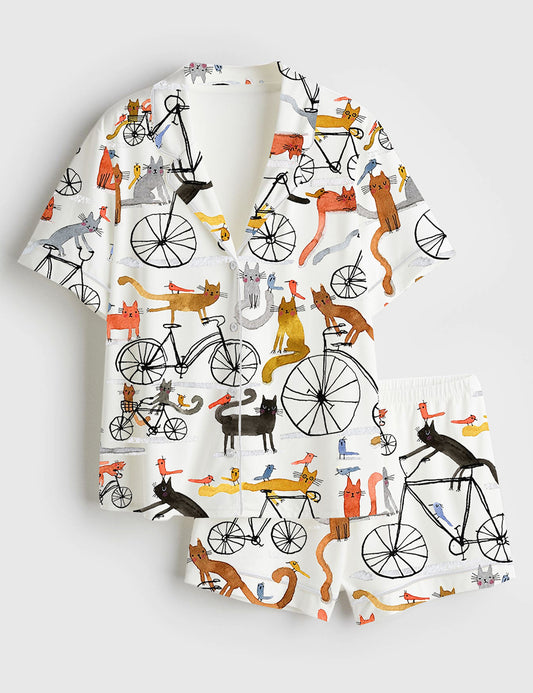 Women’s Cat Birds Cycling Bicycle Bike Drawing Cute Animals Short Sleeve Satin Pajama Set