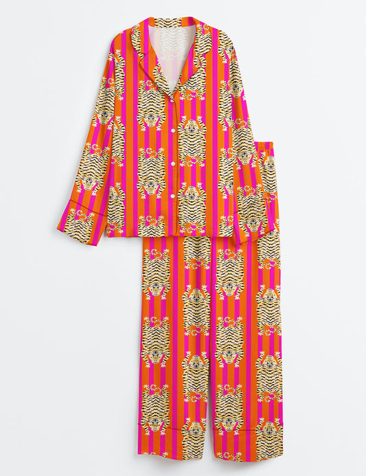 Women’s Tiger Print Animal Suite Bridesmaid Indian Long Sleeve Satin Pajama Set