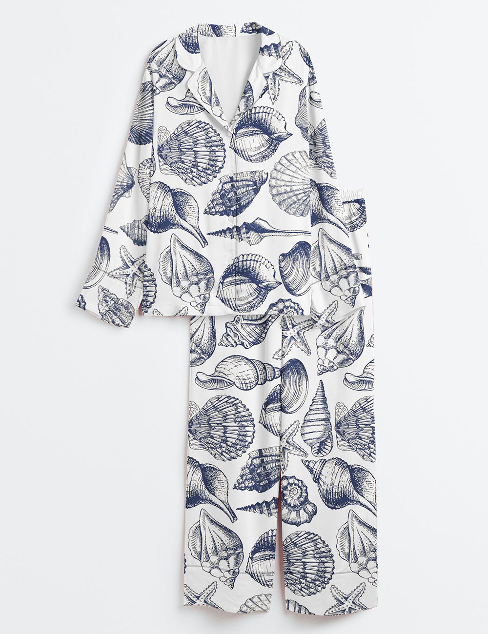 Women’s Vintage Seashell Coastal Aesthetic Summer Beach Travel Ocean Print Long Sleeve Satin Pajama Set