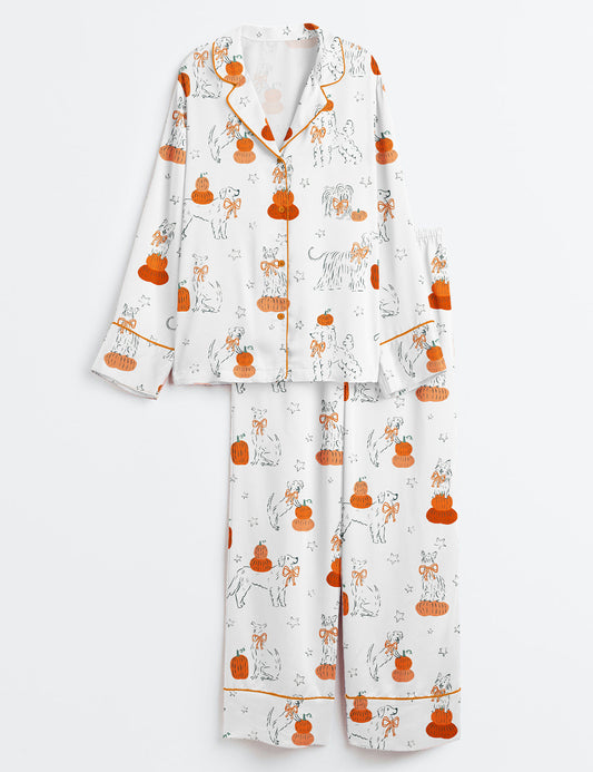Women’s Dog With Pumpkin Halloween Long Sleeve Satin Pajama Set