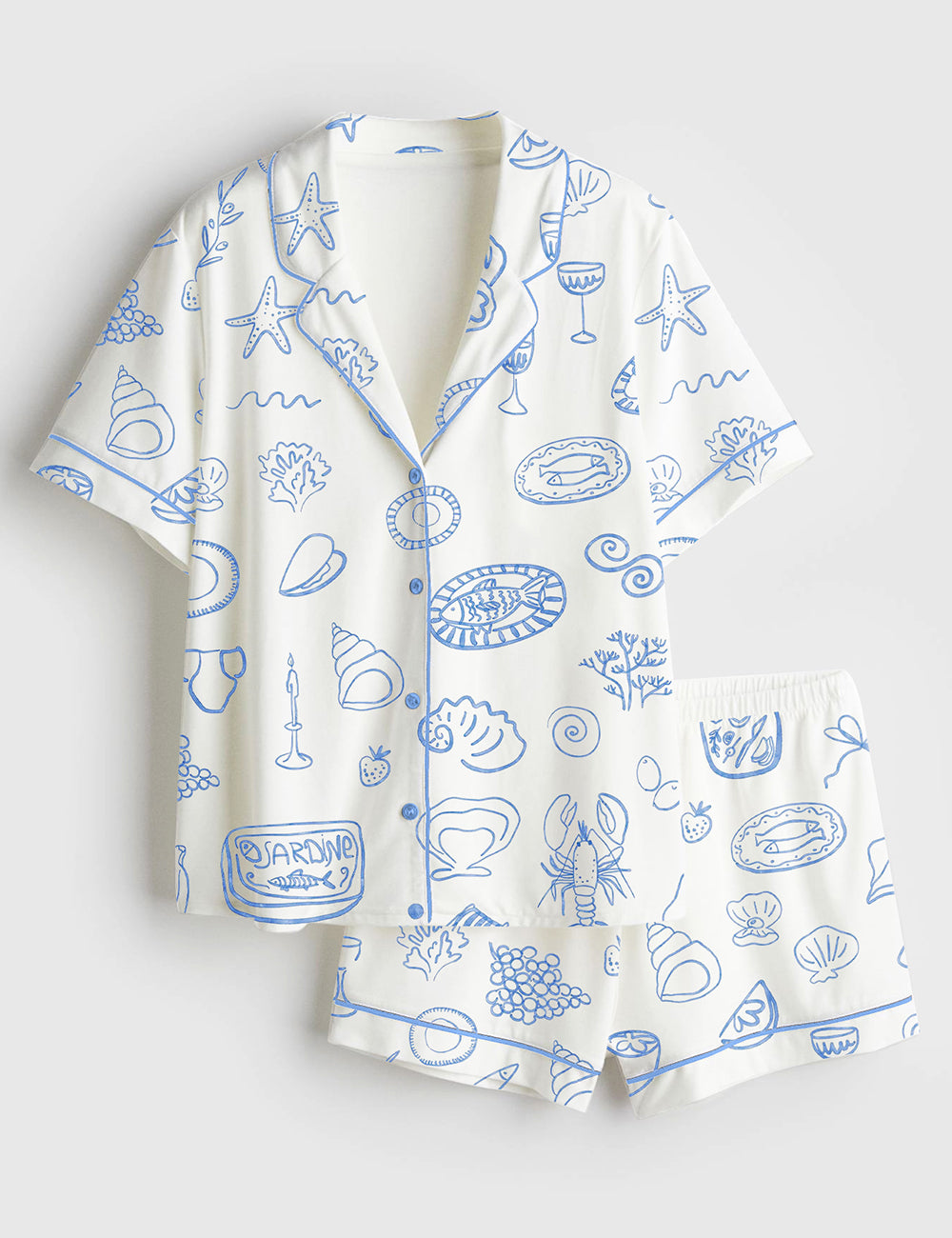 Women’s Coastal Blue Italian Summer Icons Dolce Vita Hand Drawn Whimsical  Wedding Art Print Short Sleeve Satin Pajama Set