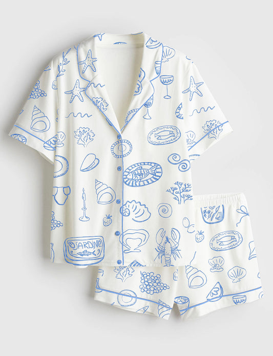 Women’s Coastal Blue Italian Summer Icons Dolce Vita Hand Drawn Whimsical  Wedding Art Print Short Sleeve Satin Pajama Set