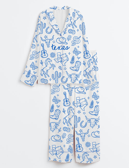 Women’s Texas Travel Hand Drawn Doodle Western Cowgirls Desert Cactus Print Long Sleeve Satin Pajama Set