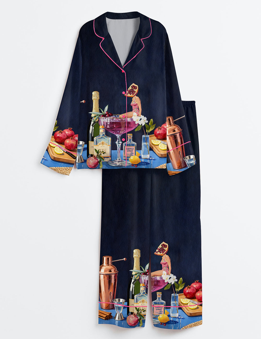 Women’s Pomegranate Cocktail Retro Bar Vintage French 75 Martini Long Sleeve Satin Pajama Set