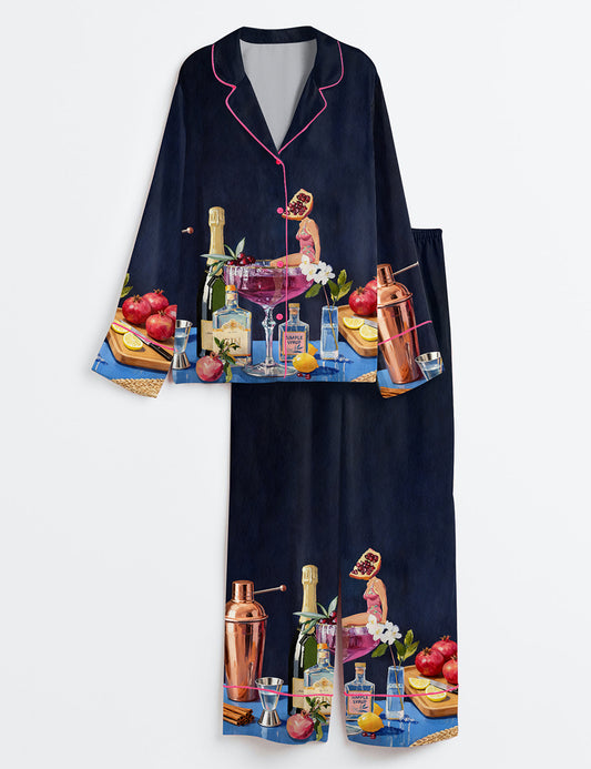 Women’s Pomegranate Cocktail Retro Bar Vintage French 75 Martini Long Sleeve Satin Pajama Set
