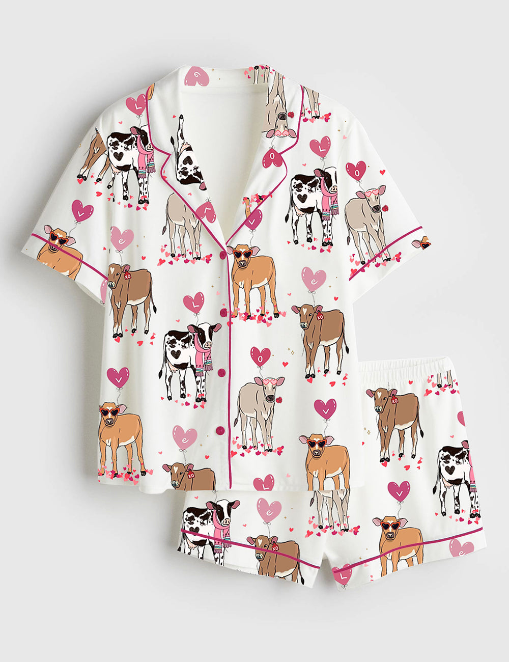 Women's Highland Cow Western Valentines Day Short Sleeve Satin Pajama Set