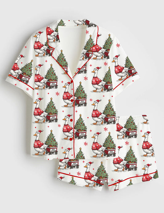 Women’s Oops I Got Another Tree Funny Christmas Goose Short Sleeve Satin Pajama Set