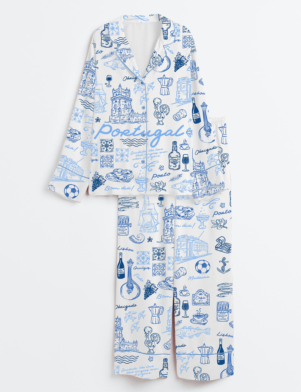 Women’s Portugal Whimsical Style Illustration Long Sleeve Satin Pajama Set