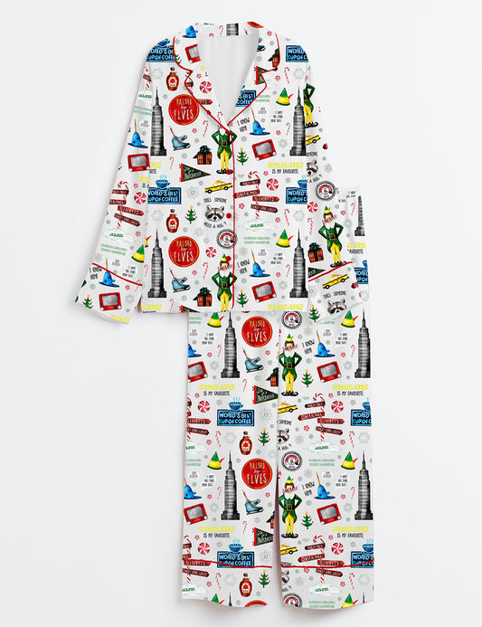 Women’s Raised By Elves Watercolor Christmas Elves Christmas Movies Print Long Sleeve Satin Pajama Set