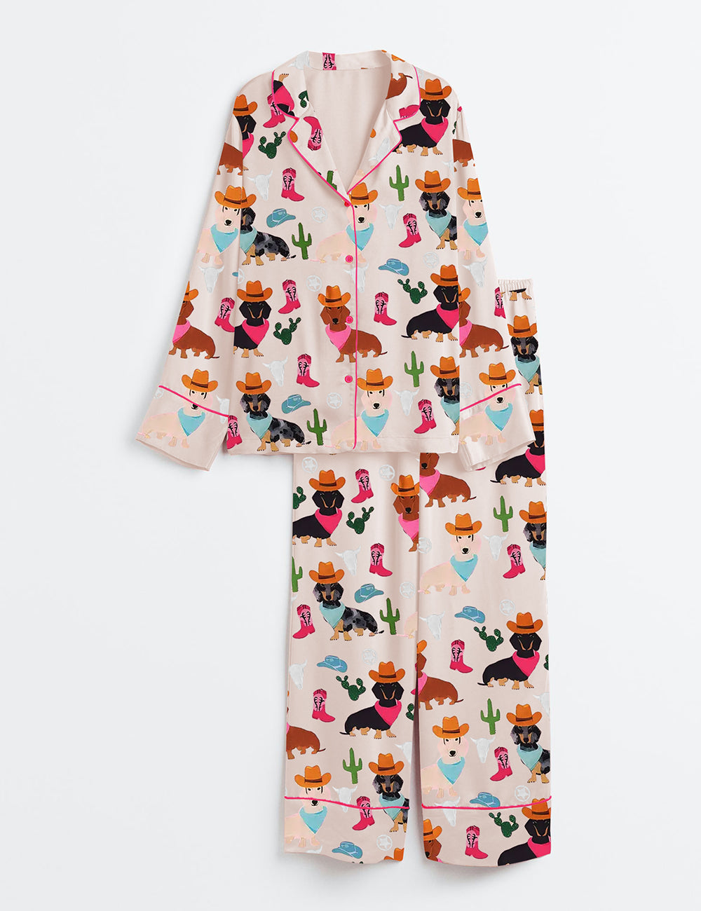 Women's Cowboy Dachshund Dog Long Sleeve Satin Pajama Set