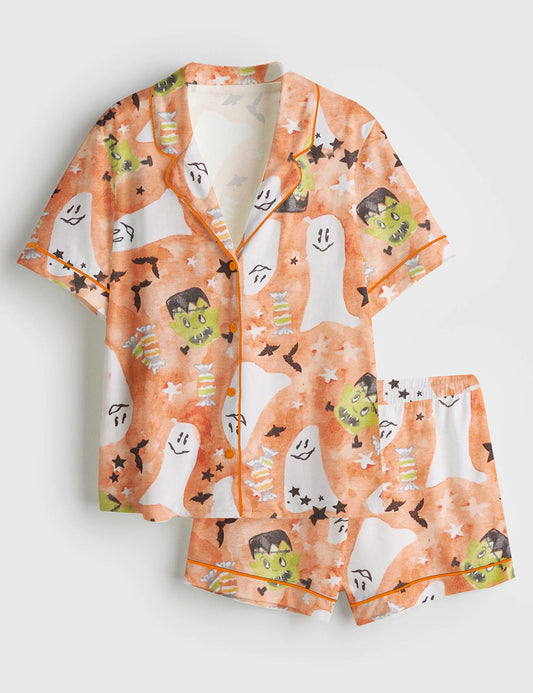 Men’s Starry Ghost Spooky Halloween Cute Ghost Aesthetics Pastel Halloween Print Short Sleeve Satin Pajama Set