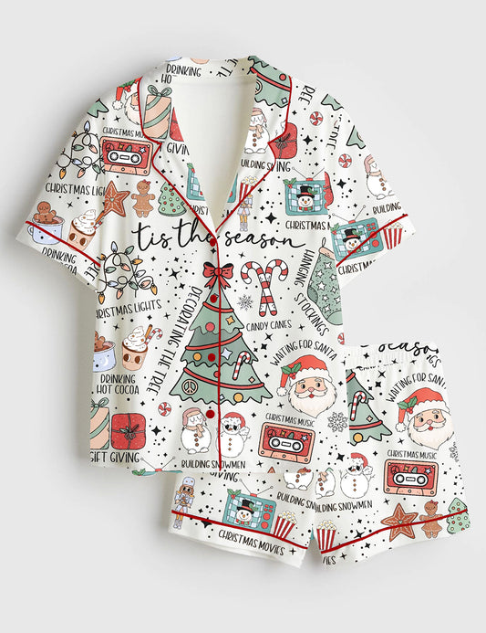 Women’s Retro Christmas Tis The Season Christmas Cute Santa Holiday Hot Cocoa Print Short Sleeve Satin Pajama Set
