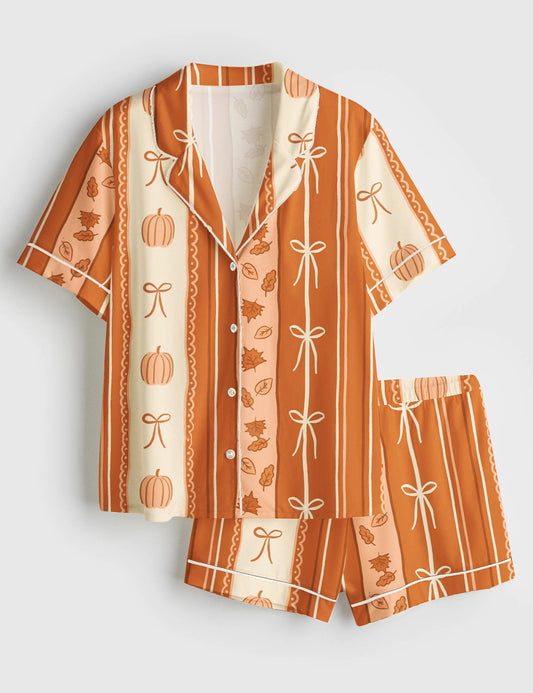 Women’s Coquette Bow Pumpkin Stripes Short Sleeve Satin Pajama Set