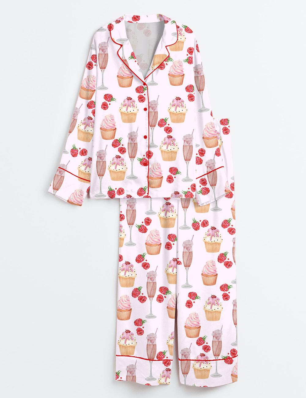 Women’s Pink Champagne Cup Cake Raspberry Picnic Party Long Sleeve Satin Pajama Set