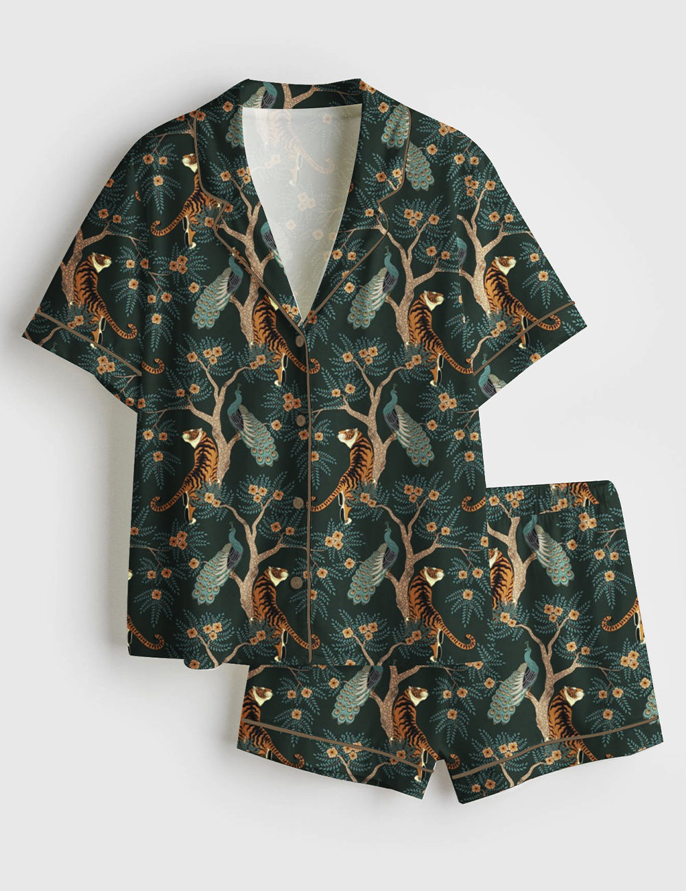 Women’s Bengal Tiger And Peacock Chinoiserie Asian Inspired Print Short Sleeve Satin Pajama Set