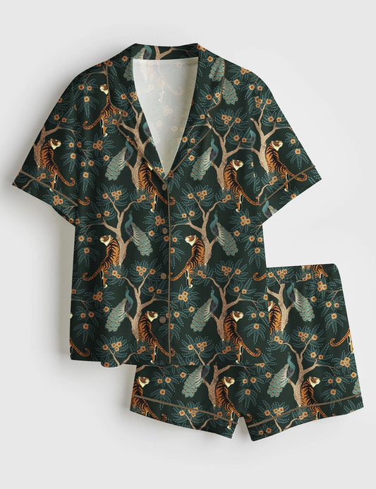 Women’s Bengal Tiger And Peacock Chinoiserie Asian Inspired Print Short Sleeve Satin Pajama Set