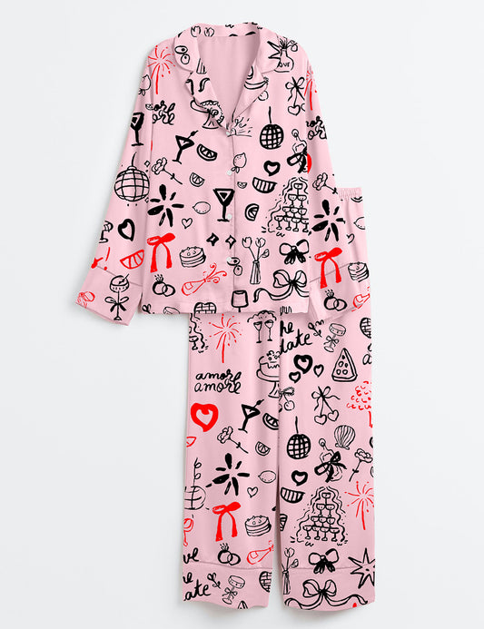 Women’s Bachelorette Hand Drawn Wedding Icons Great Bridal Long Sleeve Satin Pajama Set