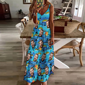 Custom Face Sling Hawaiian Style Long Dress Vice City Large Leaves