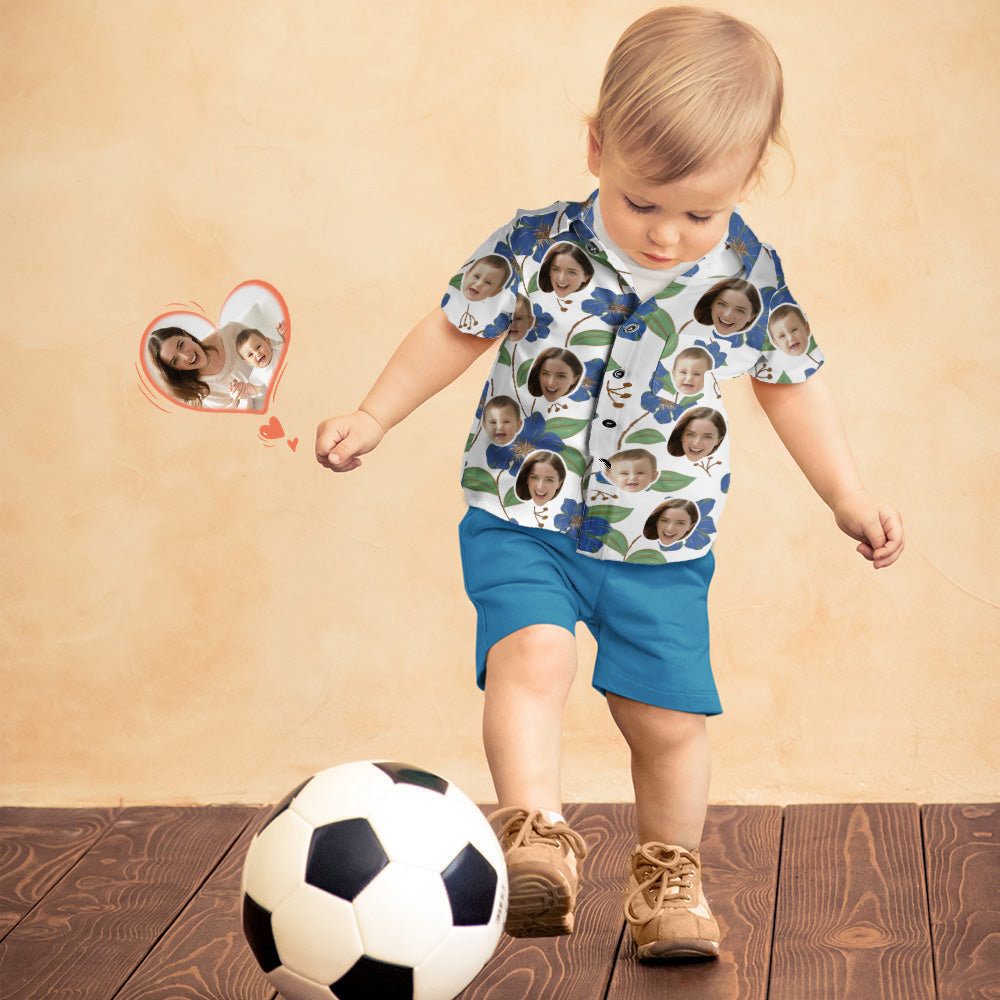 Custom Face Shirt Women's and Kids Hawaiian Shirts Short Sleeve Shirt Mother's Day Gift Blue Flowers