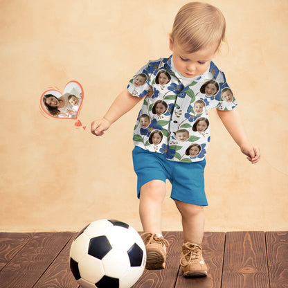 Custom Face Shirt Women's and Kids Hawaiian Shirts Short Sleeve Shirt Mother's Day Gift Blue Flowers