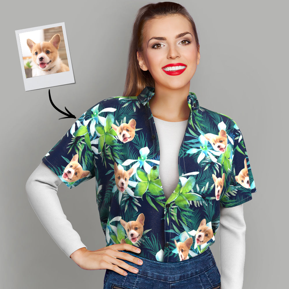 Custom Hawaiian Shirt with Face Custom Dog Face Hawaiian Shirt Leaves Tropical Shirts for Gift