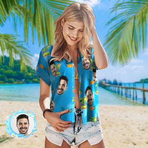 Custom Photo Hawaiian Shirt Beach Vacation Couple Wears Popular All Over Print Hawaiian Beach Shirt Holiday Gift Blue