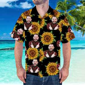Custom Hawaiian Shirt with Husband Face Sunflower & Leaves Shirt for Beach Party