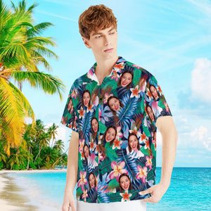 Custom Face Shirt Men's Hawaiian Shirt with Text Personalized Photo Colorful Flowers Tshirts