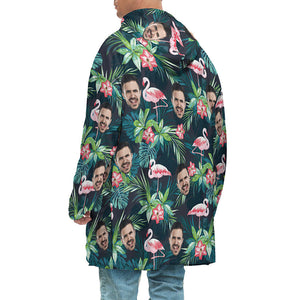 Custom Face Adult Unisex Blanket Hoodie Personalized Blanket Pajama Gift Hawaiian Flamingos