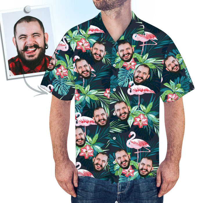 Face on Shirts Custom Hawaiian Shirt with Face Leaves & Flamingo Father's Day Shirt Gift for Dad