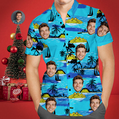 Christmas Gifts, Custom Face Hawaiian Shirt Men's All Over Print Large Leaves Short Sleeve Shirt