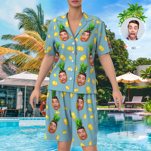 Custom Face On Pajamas Set, Short Sleeve Sleepwear, Button-Down Nightwear - Pineapple